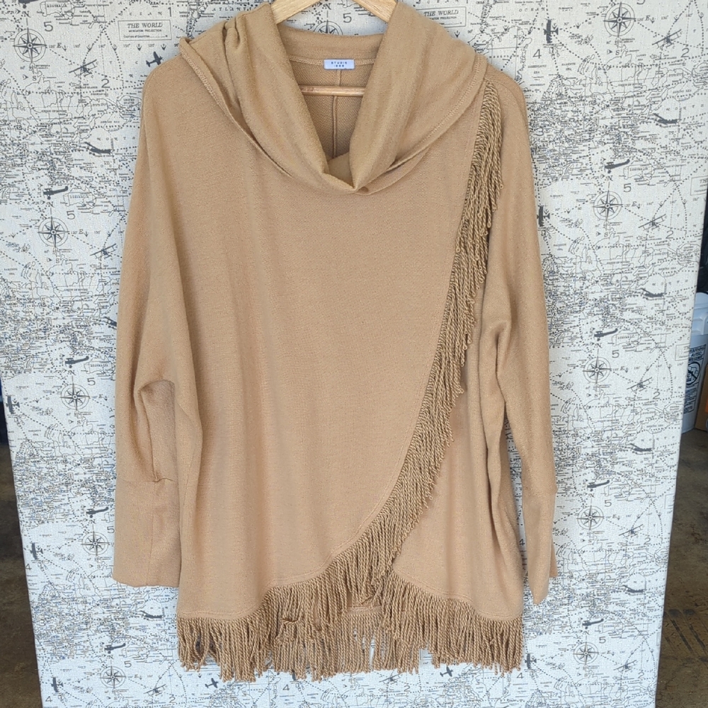 Studio 1886 Tan Cowl Neck Sweater Tunic with Fringe Size XL